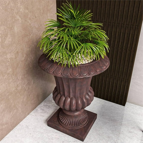 LeisureMod Lotus Fiberstone and Clay Urn Planter, Mid-Century Modern Indoor Outdoor Decorative Planter Pot with Drainage Holes for Home and Patio (Brown)