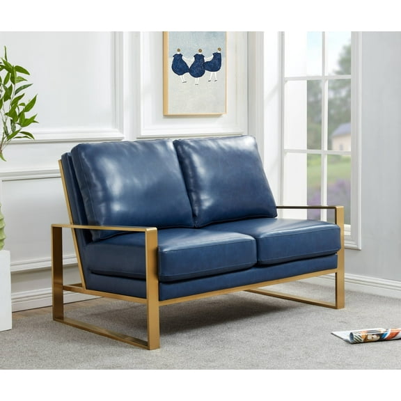 LeisureMod Loveseat Upholstered in Leather with Gold Stainless Steel Sled Base and Removable Cushions for Modern Home, Living Room, Offices Jefferson Collection in Navy Blue
