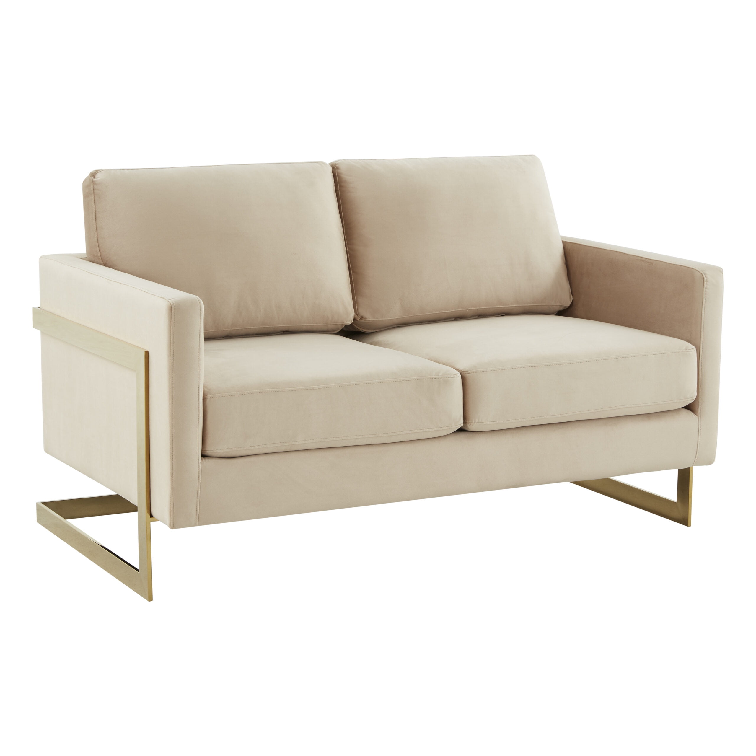 Elegant Beige Velvet Loveseat with Golden Solid Wood Frame