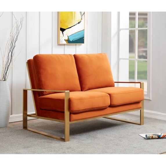 LeisureMod Loveseat Upholstered in Velvet with Gold Stainless Steel Sled Base and Removable Cushions for Modern Home, Living Room, Offices Jefferson Collection in Orange