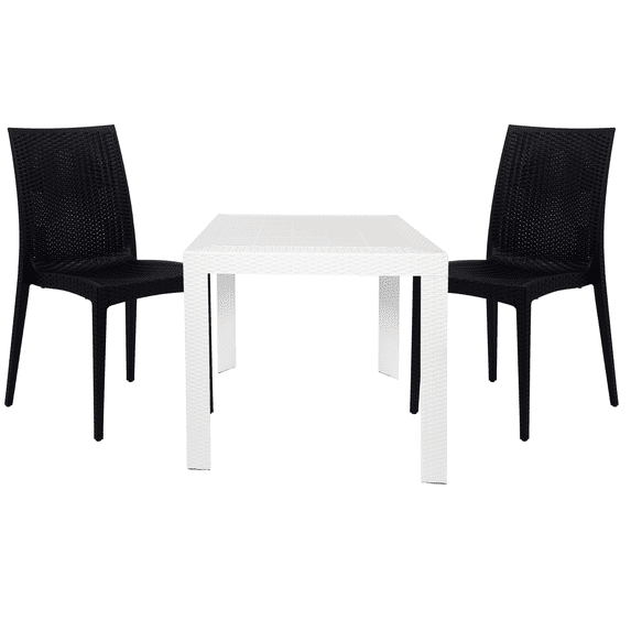 LeisureMod Mace Mid-Century 3-Piece Outdoor Dining Set Stackable Chairs with Square Table, Stylish and Comfortable Modern Weave Design Dining Set (White/Black)