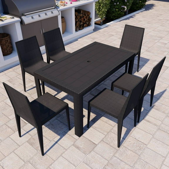 LeisureMod Mace Mid-Century 7-Piece Outdoor Stackable Chairs with Rectangular Dining Table, Stylish and Comfortable Modern Weave Design Dining Set (Black)