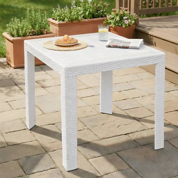 LeisureMod Mace Modern Outdoor Bistro Dining Table with Woven Weave Design, UV-Resistant Polypropylene Patio Table with Umbrella Hole for Patio, Balcony & Garden, White