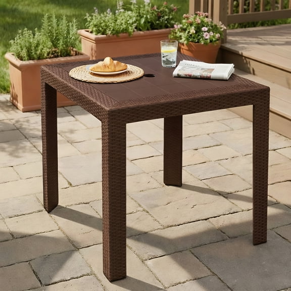 LeisureMod Mace Modern Outdoor Bistro Dining Table with Woven Weave Design, UV-Resistant Polypropylene Patio Table with Umbrella Hole for Patio, Balcony & Garden, Brown