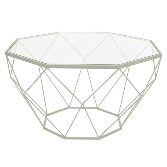LeisureMod Malibu Large Modern Octagon Glass Top Coffee Table with White Metal Base – Sleek and Durable Contemporary Living Room Furniture