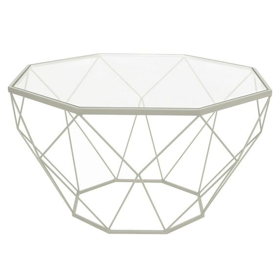 LeisureMod Malibu Large Modern Octagon Glass Top Coffee Table with White Metal Base – Sleek and Durable Contemporary Living Room Furniture