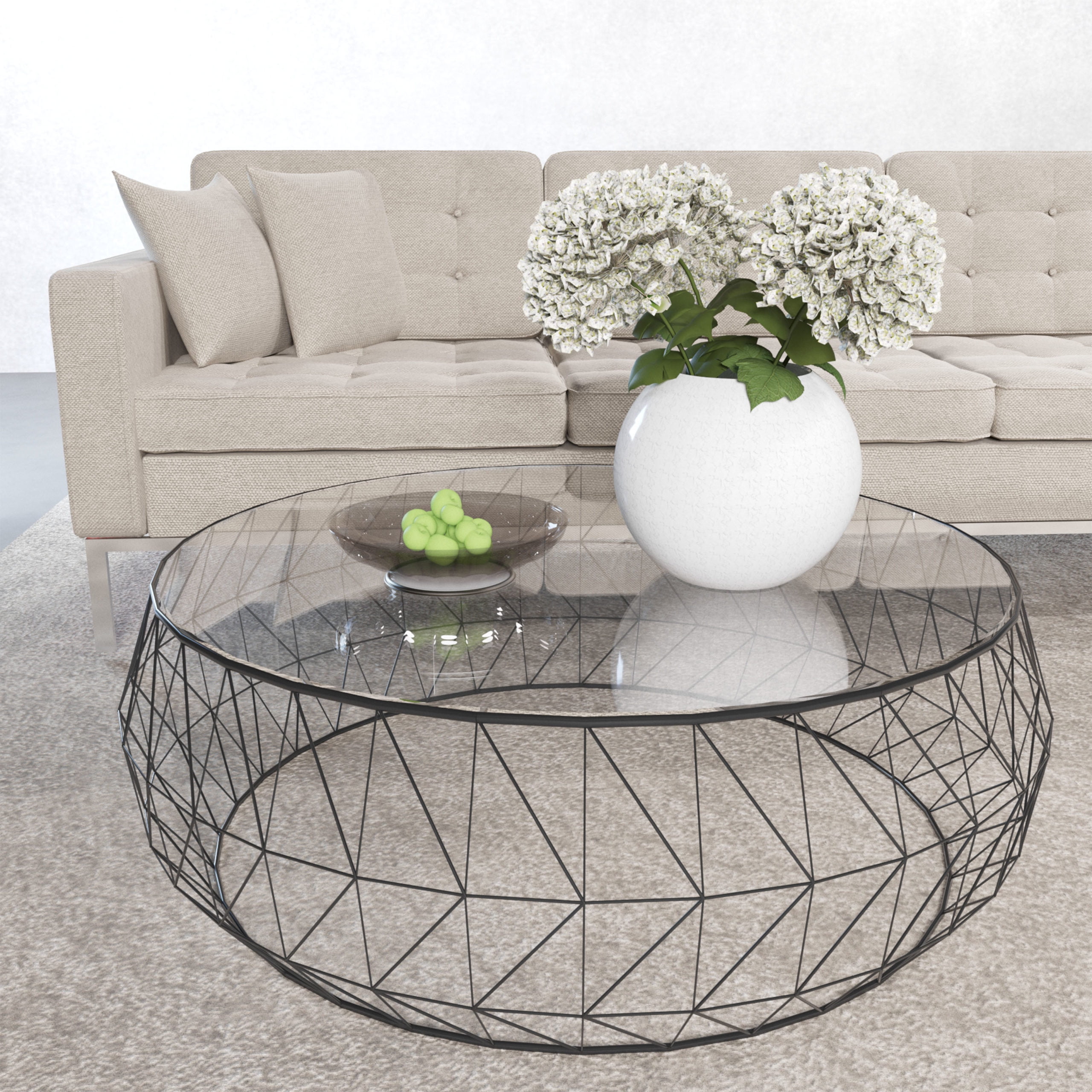 Malibu Modern 35" Round Coffee Table with Black Metal and Glass Top