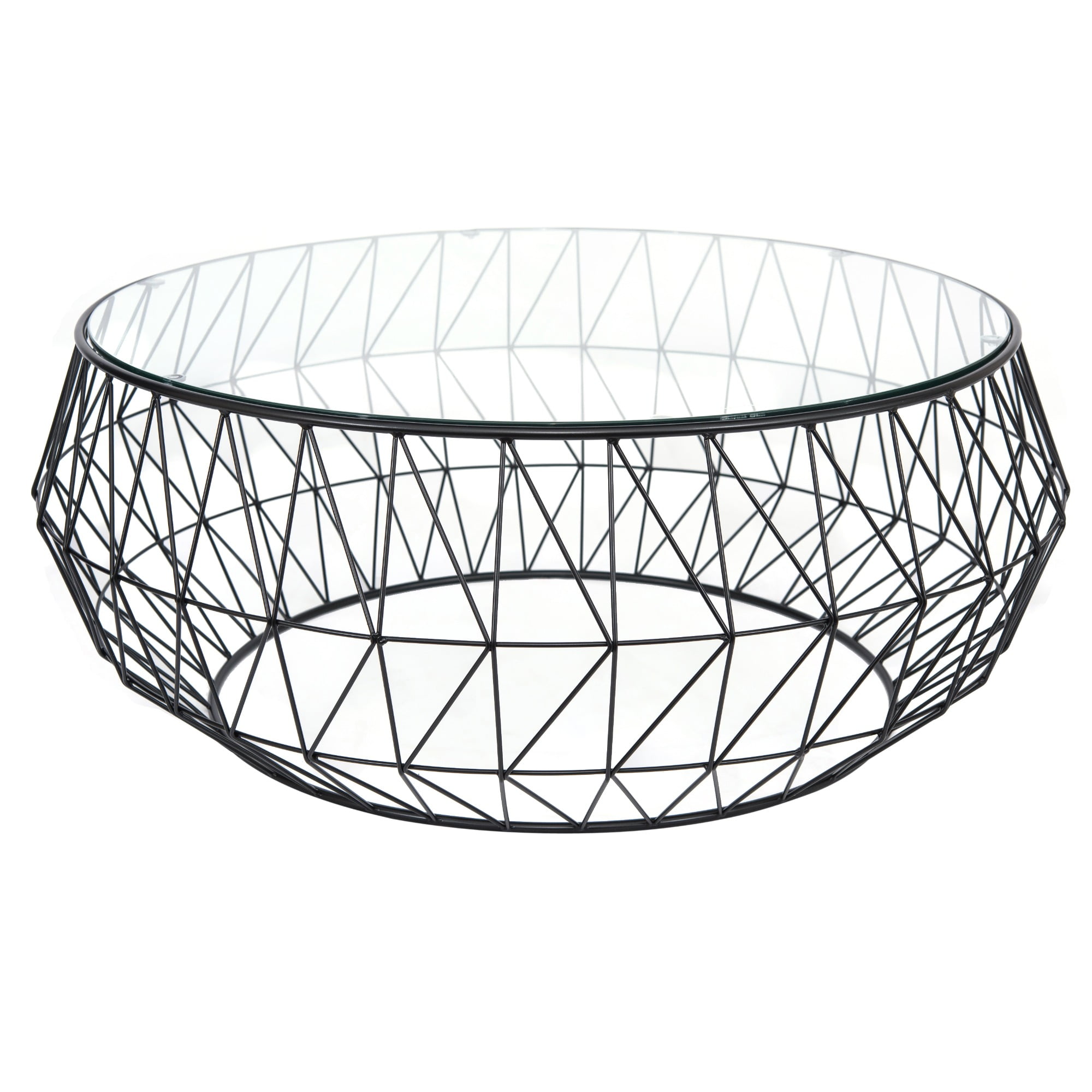 Malibu Modern 35" Round Coffee Table with Black Metal and Glass Top