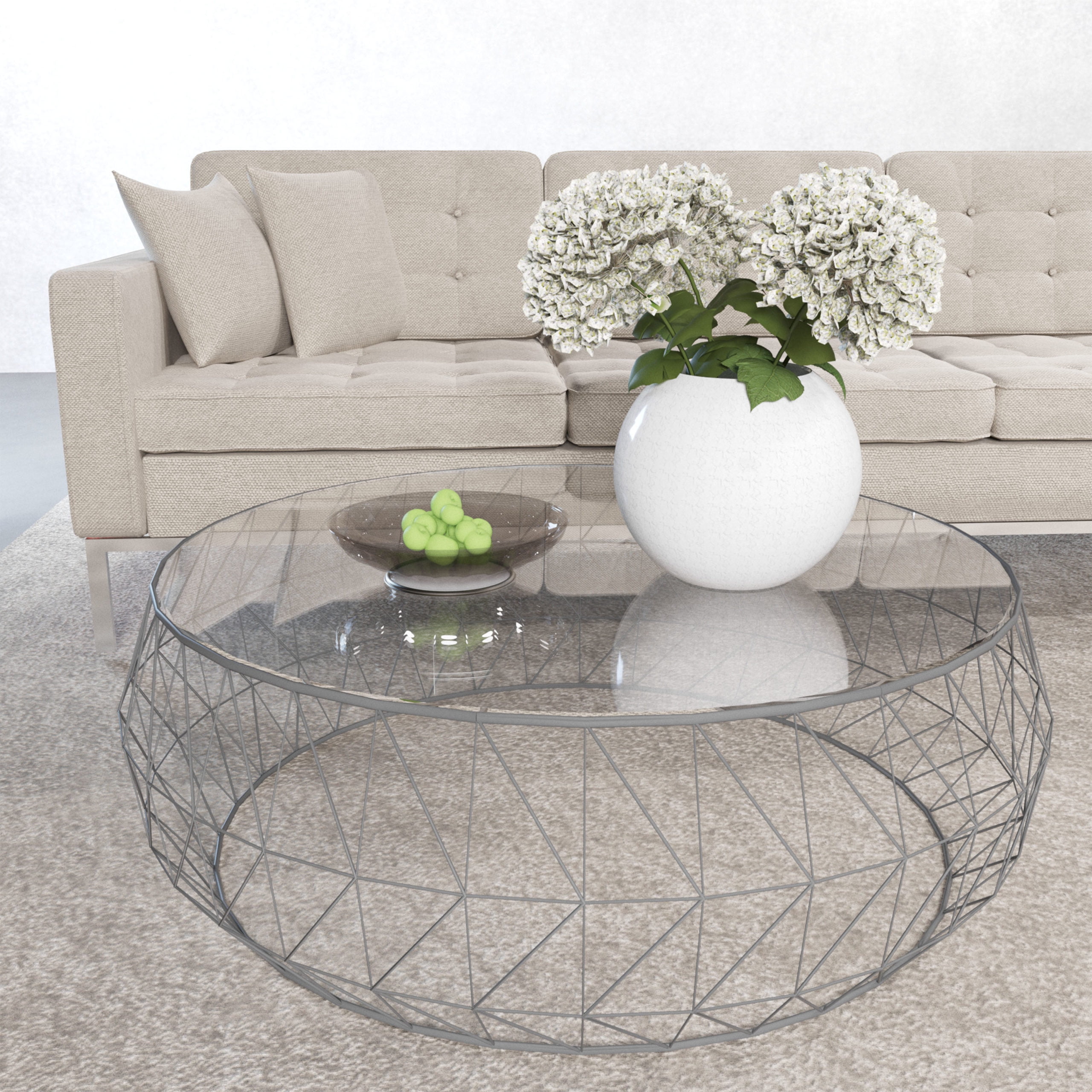 Gray Round Glass Top Coffee Table with Metal Geometric Base