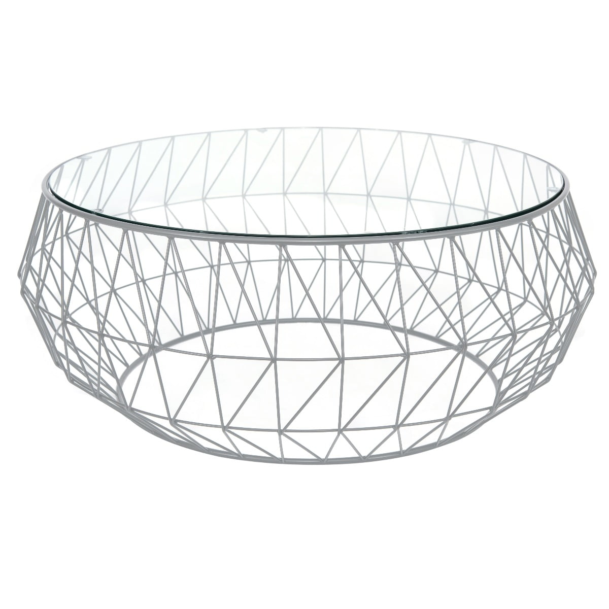 Gray Round Glass Top Coffee Table with Metal Geometric Base