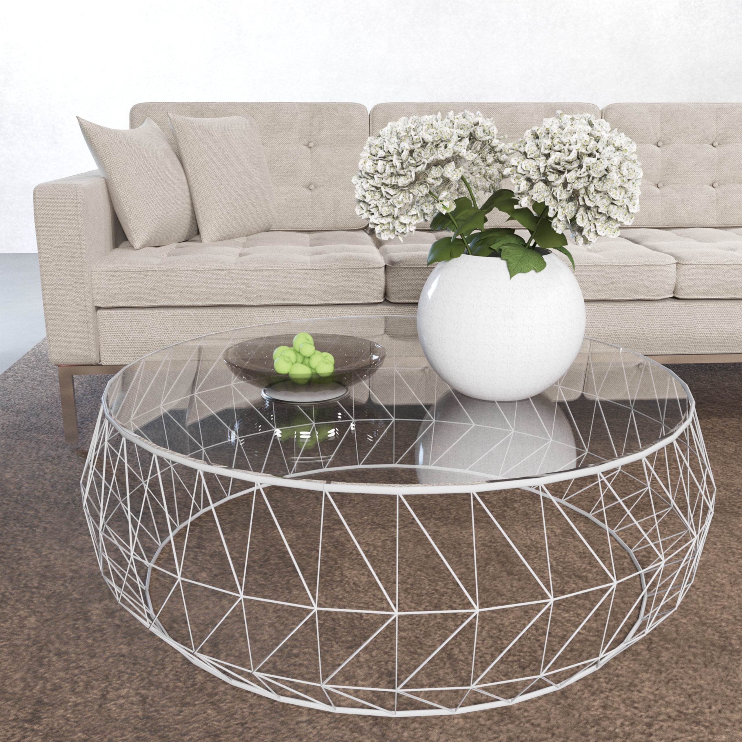 White Round Glass Top Coffee Table with Metal Base