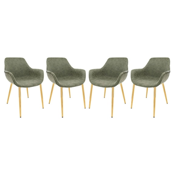LeisureMod Markley Leather Dining Armchair Gold Legs Set of 4 in Olive Green