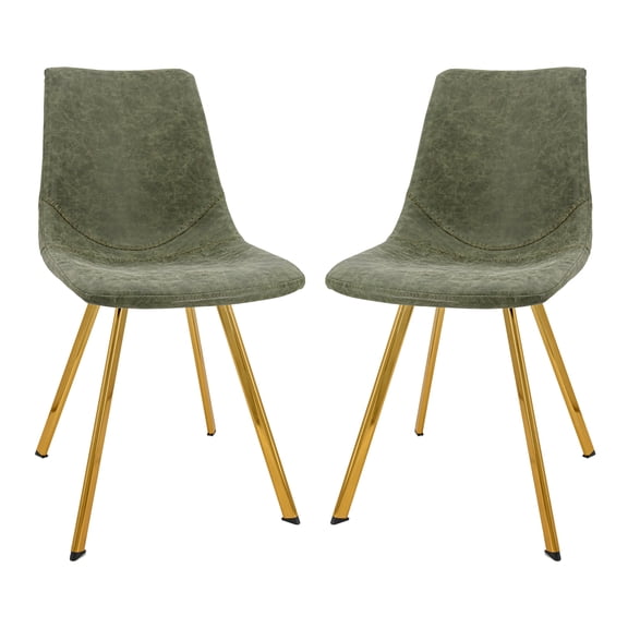 LeisureMod Markley Leather Dining Chair Set of 2 with Gold Legs, Upholstered Seat, Sleek Design for Kitchen, Dining Room, Office, or Café in Olive Green