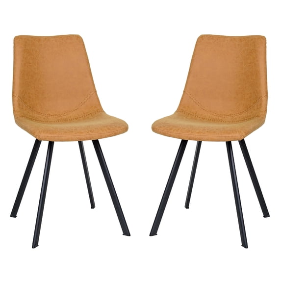 LeisureMod Markley Leather Dining Chair With Metal Legs Set of 2 Light Brown