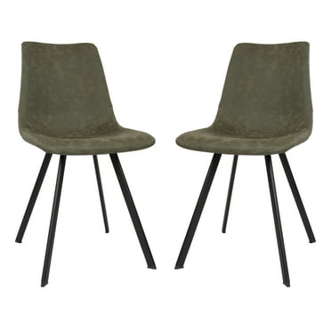 LeisureMod Markley Leather Dining Chair With Metal Legs Set of 2 Olive Green
