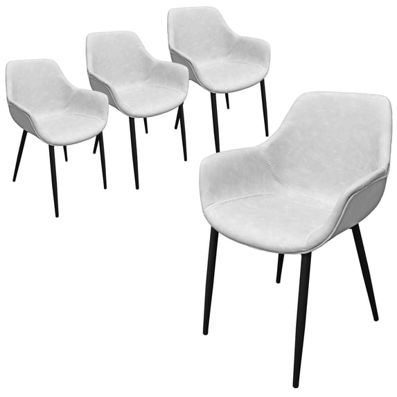 LeisureMod Markley Modern Leather Dining Arm Chair Kitchen Chairs with Metal Legs Set of 4 in Light Grey