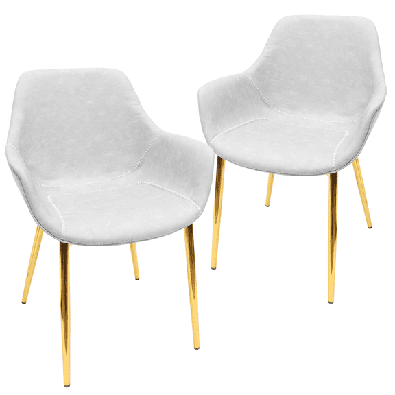 LeisureMod Markley Modern Dining Armchair Light Grey Leather Kitchen Chair Set of 2, Gold Metal Legs, Light Grey