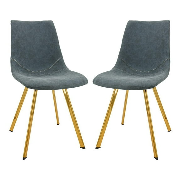 LeisureMod Markley Leather Dining Chair Set of 2 with Gold Legs, Upholstered Seat, Sleek Design for Kitchen, Dining Room, Office, or Café in Peacock Blue