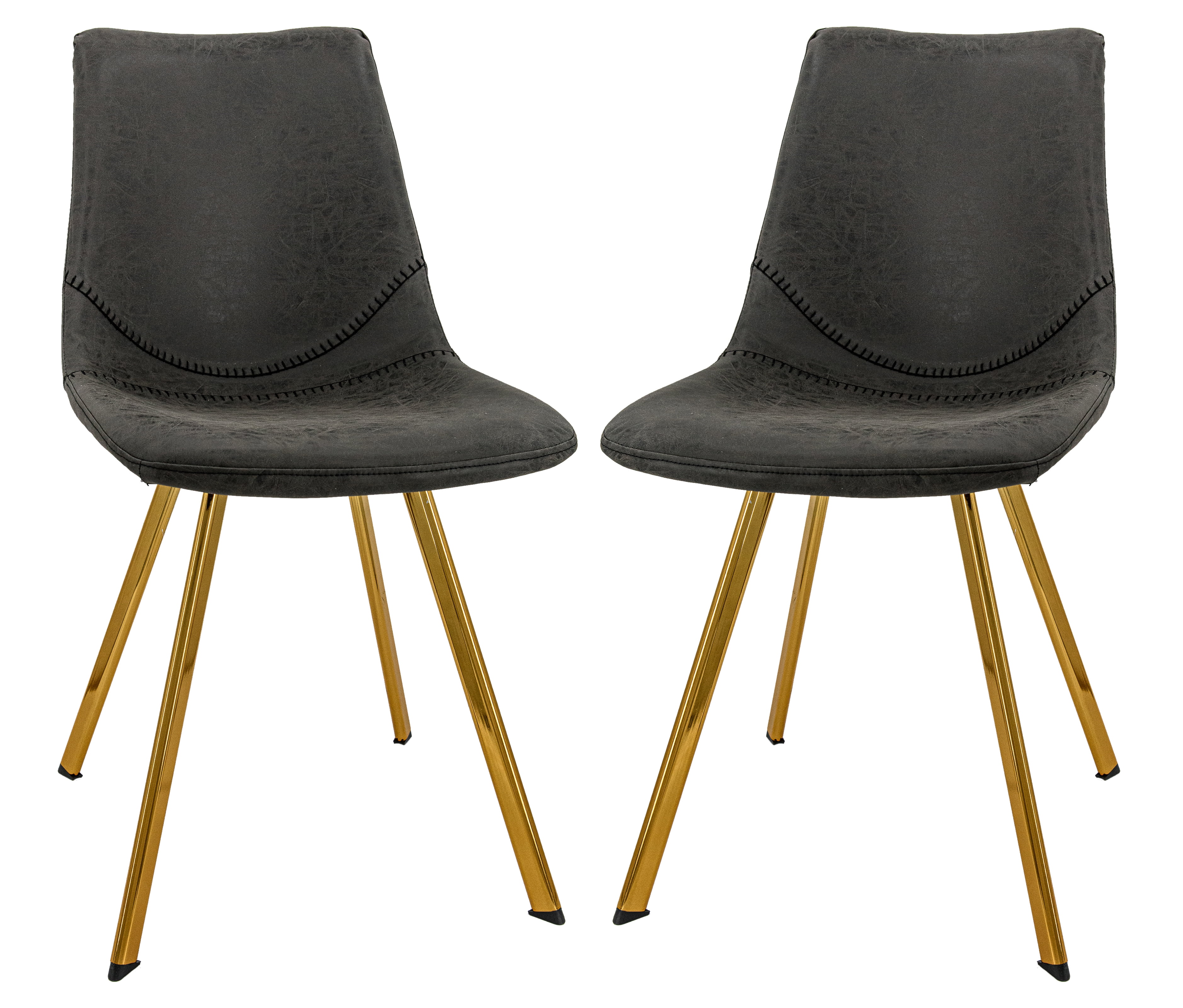 Charcoal Black Leather Dining Chairs with Gold Metal Legs, Set of 2