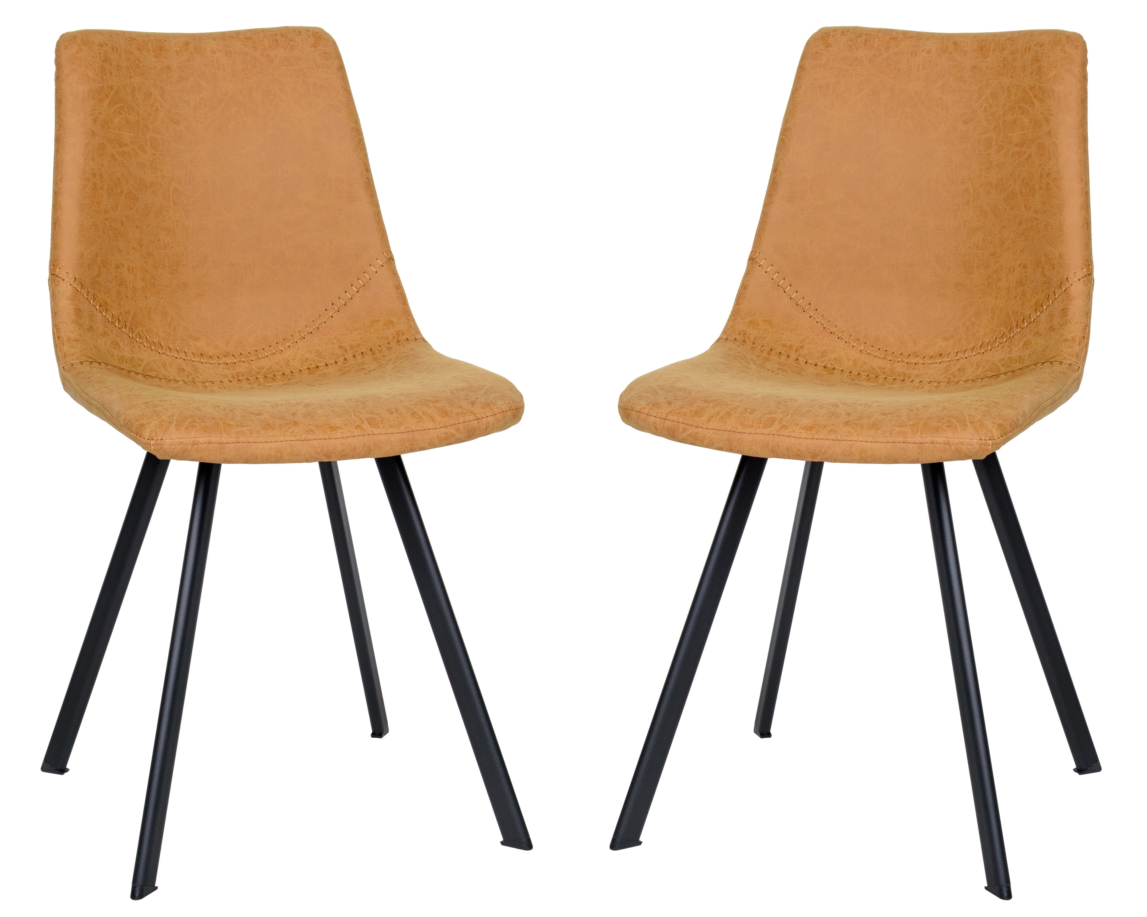 Light Brown Leather Side Chairs with Metal Legs, Set of 2