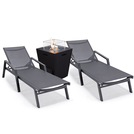 LeisureMod MLABLCF21-77BL2 32.44 x 21.65 x 21.65 in. Marlin Modern Aluminum Outdoor Patio Chaise Lounge Chair with Arms & Square Fire Pit Side Table Perfect, Black - Set of 2