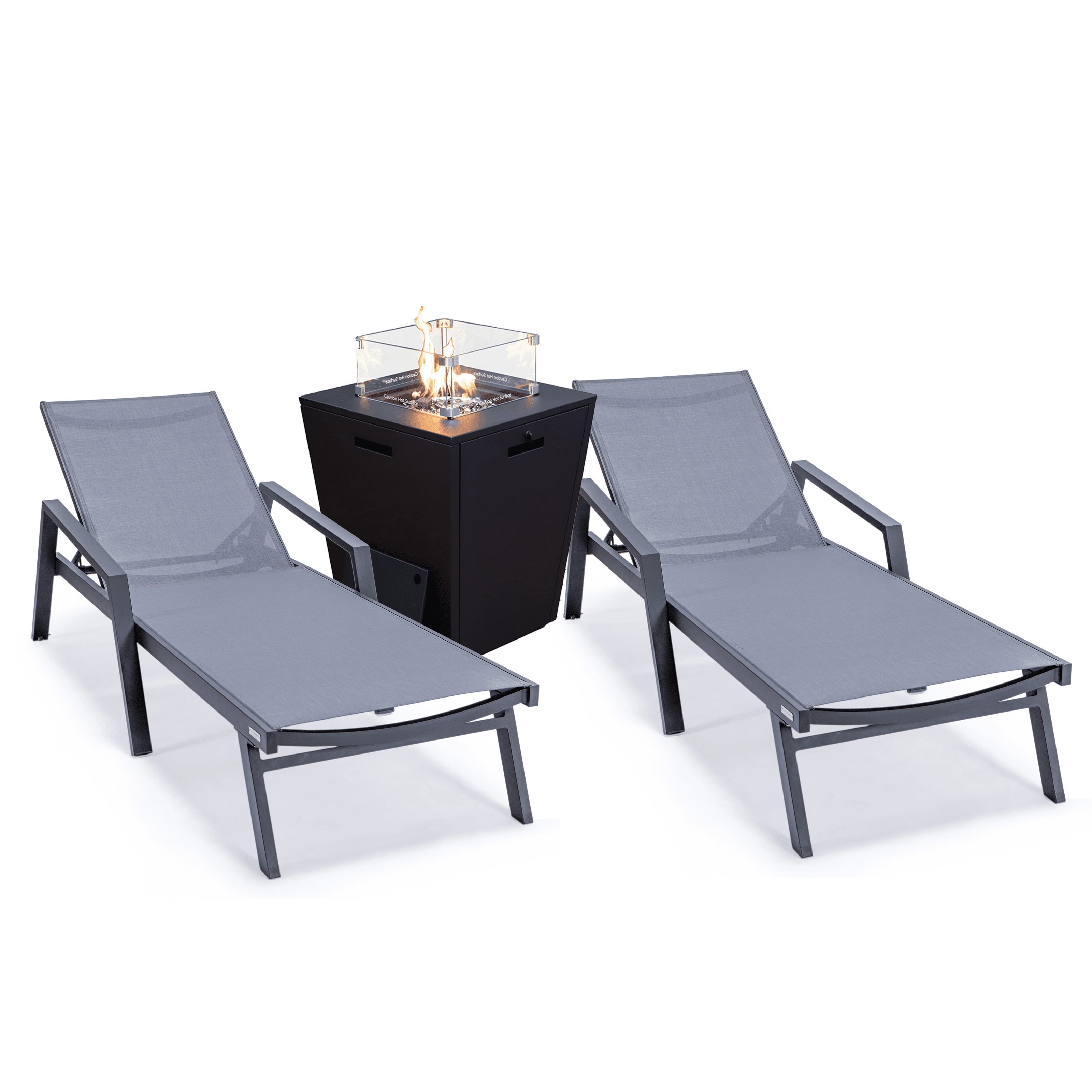 Marlin Black Aluminum Chaise Lounge Chairs with Fire Pit Table Set