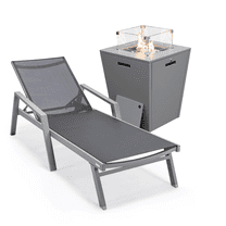 LeisureMod Marlin Modern Gray Aluminum Outdoor Patio Chaise Lounge Chair With Arms with Square Fire Pit Side Table Perfect for Patio, Lawn, and Garden (Black)