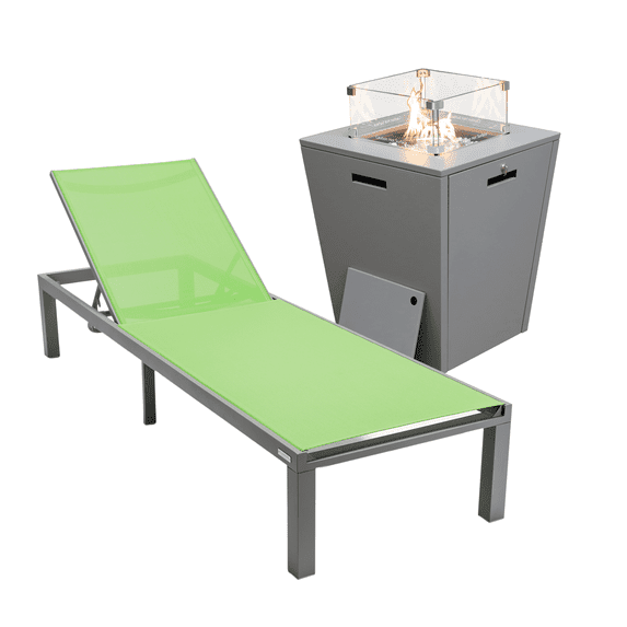 LeisureMod Marlin Modern Grey Aluminum Outdoor Patio Chaise Lounge Chair with Square Fire Pit Side Table Perfect for Patio, Lawn, and Garden