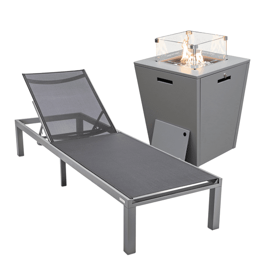 LeisureMod Marlin Modern Grey Aluminum Outdoor Patio Chaise Lounge Chair with Square Fire Pit Side Table Perfect for Patio, Lawn, and Garden