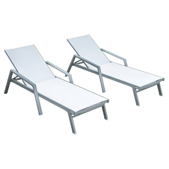 LeisureMod Marlin Modern Outdoor Chaise Lounge Arm Chair with Grey Powder Coated Aluminum Frame for Patio and Backyard Garden, Set of 2 (White)