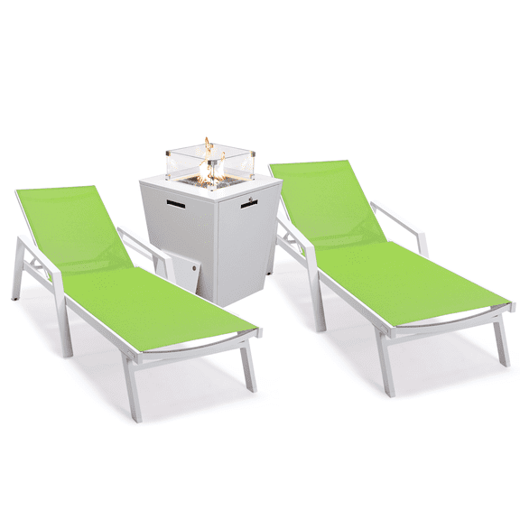 LeisureMod Marlin Modern White Aluminum Outdoor Patio Chaise Lounge Chair With Arms Set of 2 with Square Fire Pit Side Table Perfect for Patio, Lawn, and Garden (Green)