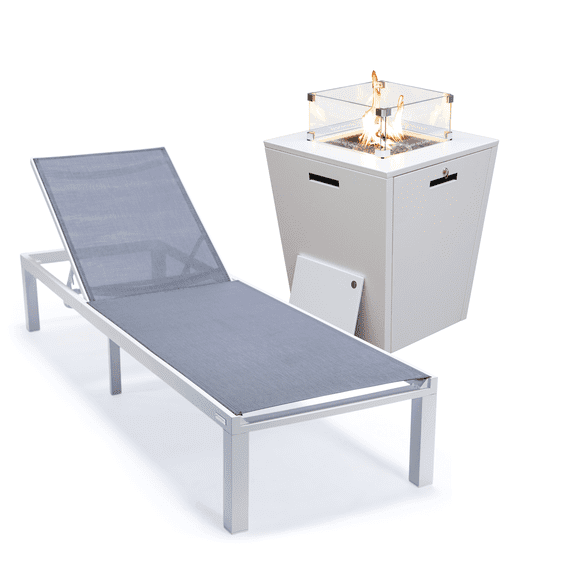 LeisureMod Marlin Modern White Aluminum Outdoor Patio Chaise Lounge Chair with Square Fire Pit Side Table Perfect for Patio, Lawn, and Garden (Dark Grey)
