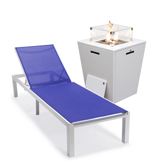 LeisureMod Marlin Modern White Aluminum Outdoor Patio Chaise Lounge Chair with Square Fire Pit Side Table Perfect for Patio, Lawn, and Garden (Navy Blue)