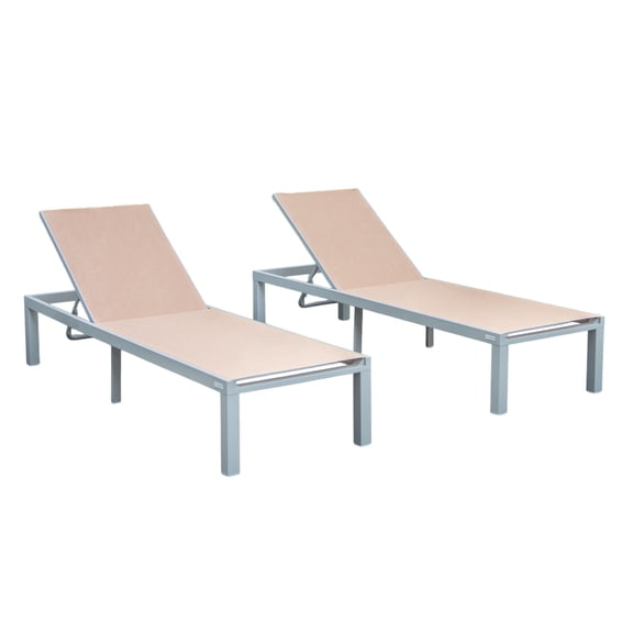 LeisureMod Marlin Patio Chaise Lounge Aluminum Grey Frame Set of 2 Light Brown