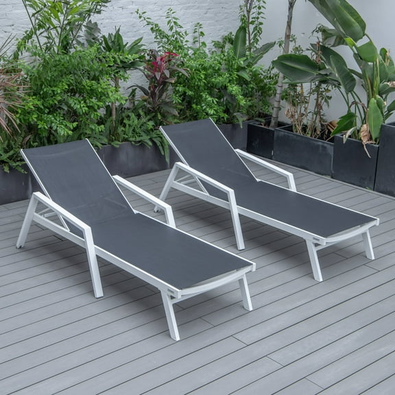 LeisureMod Marlin Patio Chaise Lounge Aluminum White Arms Set of 2 Black