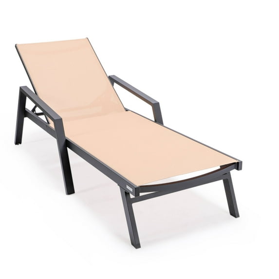 LeisureMod Marlin Patio Chaise Lounge Chair with Armrests Poolside Outdoor Chaise Lounge Chair for Patio Lawn & Garden Modern Black Aluminum Suntan Chair with Sling Chaise Lounge Chair (Light Brown)