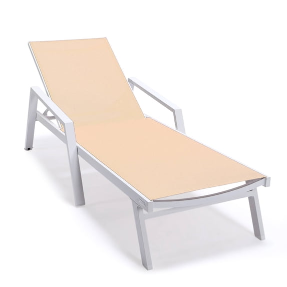 LeisureMod Marlin Patio Chaise Lounge Chair With Arms Aluminum Frame Light Brown