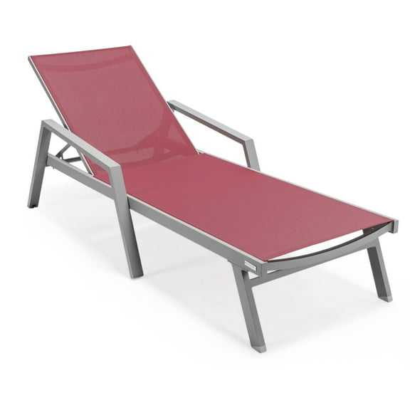 LeisureMod Marlin Outdoor Chaise Lounge Chair with Armrests – Grey Aluminum Frame, Adjustable Reclining Patio Lounger for Poolside, Garden, or Deck - Burgundy