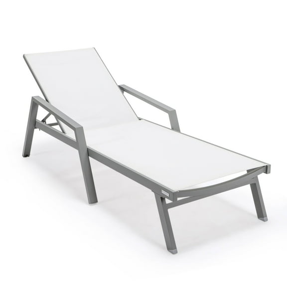 LeisureMod Marlin Outdoor Chaise Lounge Chair with Armrests – Grey Aluminum Frame, Adjustable Reclining Patio Lounger for Poolside, Garden, or Deck - White