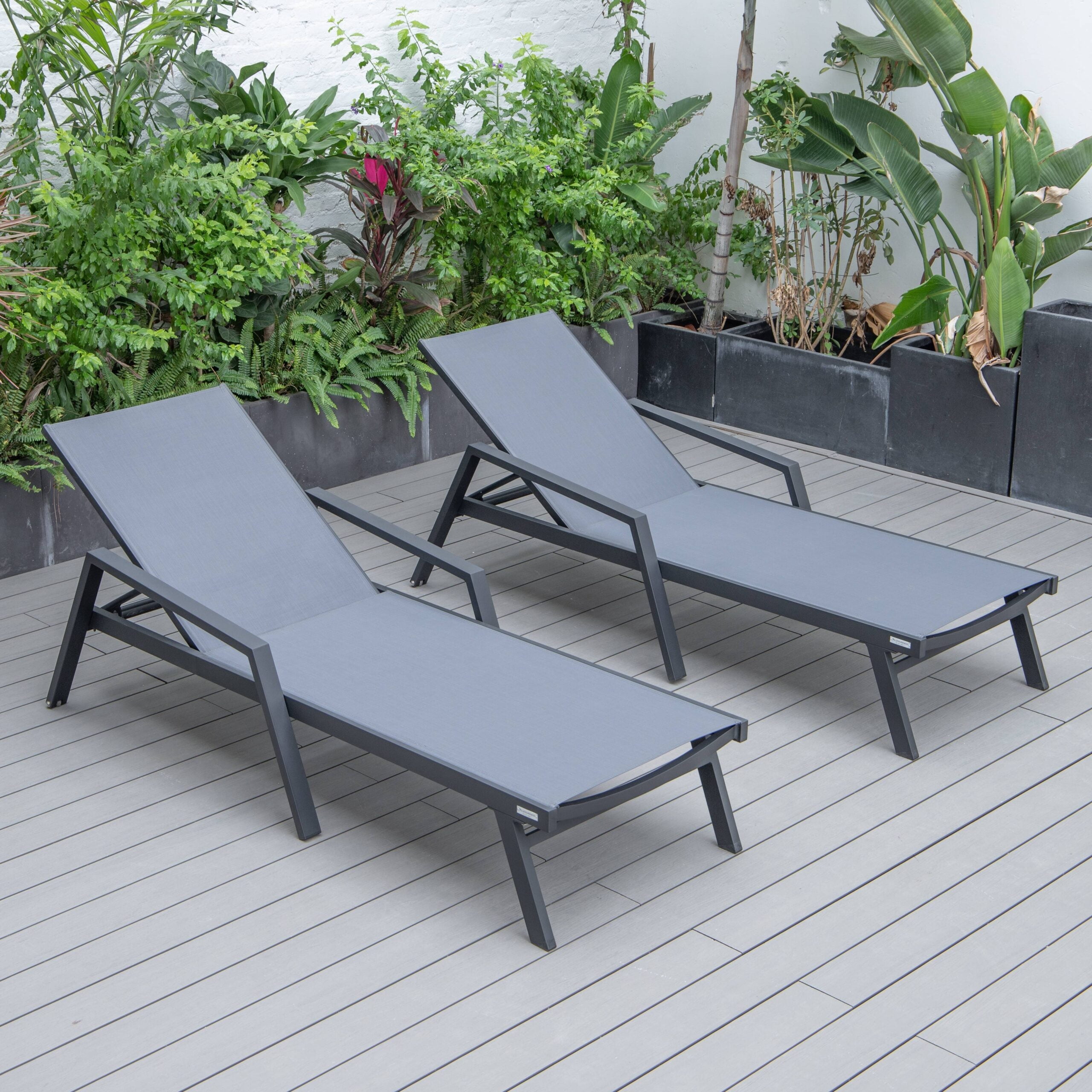 Modern Dark Grey Aluminum Patio Chaise Lounge Chair with Armrests
