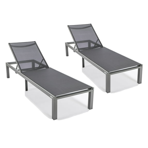 LeisureMod Marlin Poolside Outdoor Patio Lawn and Garden Modern Grey Powder Coated Aluminum Frame Suntan Sling Chaise Lounge Chair, Set of 2 (Black)