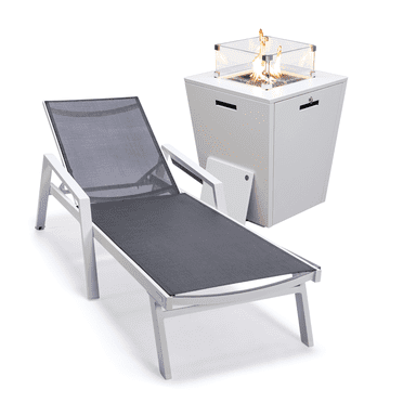 LeisureMod Marlin Modern White Aluminum Outdoor Patio Chaise Lounge Chair With Arms and Square Fire Pit Side Table Perfect for Patio, Lawn, and Garden