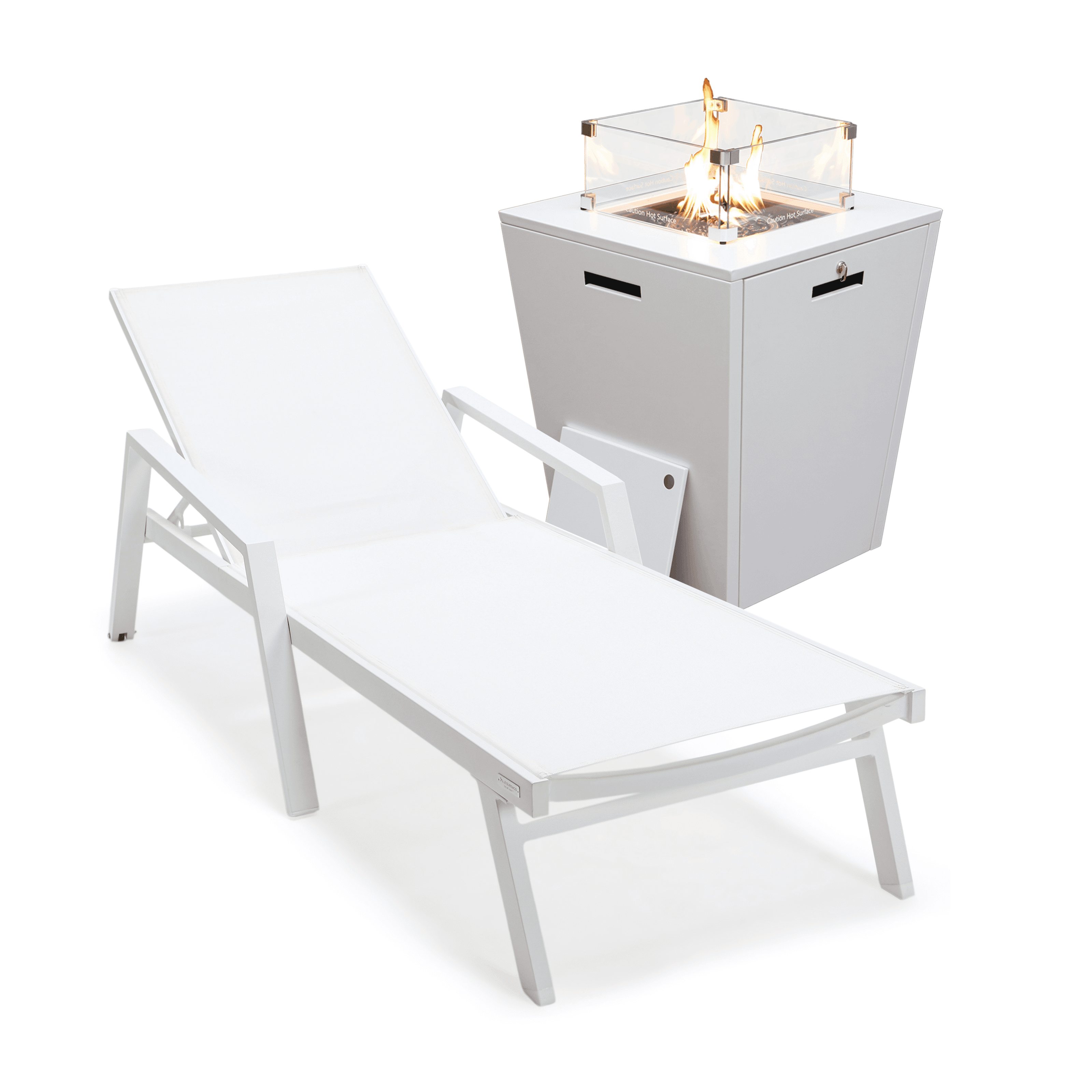 Marlin White Aluminum Chaise Lounge Chair with Fire Pit Table