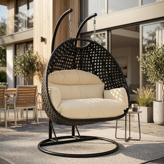 LeisureMod Mendoza Charcoal Wicker Hanging 2 Person Egg Swing Chair with Stand & Beige Cushions