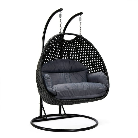LeisureMod Mendoza Charcoal Wicker Hanging 2 Person Egg Swing Chair with Stand & Charcoal Cushions