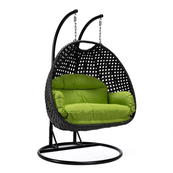 LeisureMod Mendoza Charcoal Wicker Hanging 2 Person Egg Swing Chair with Stand & Light Green Cushions