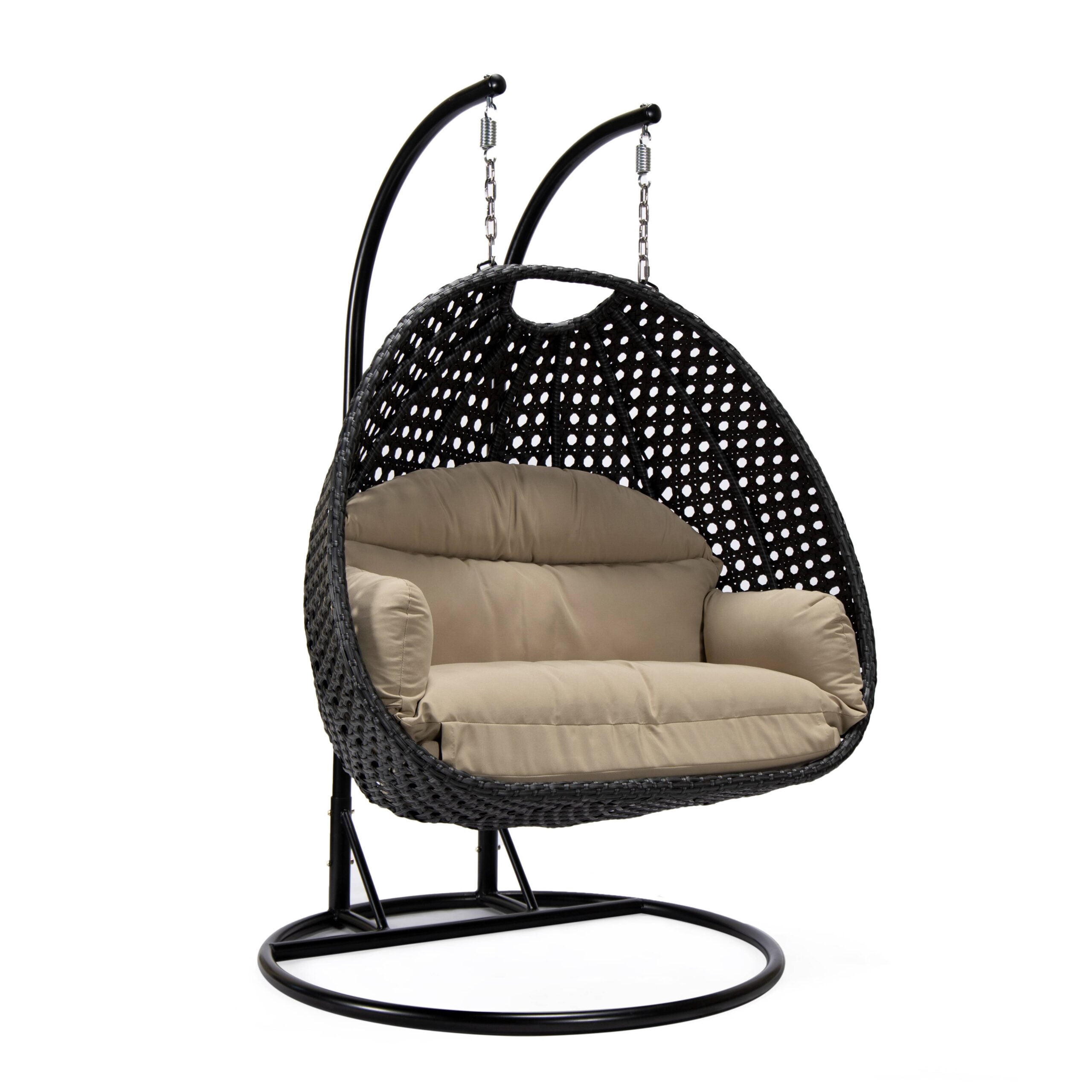 LeisureMod Mendoza Charcoal Wicker Hanging 2 Person Egg Swing Chair with Stand & Taupe Cushions