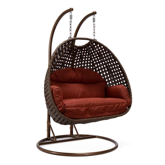 LeisureMod Mendoza Dark Brown Wicker Hanging 2 Person Egg Swing Chair with Stand & Cherry Cushions