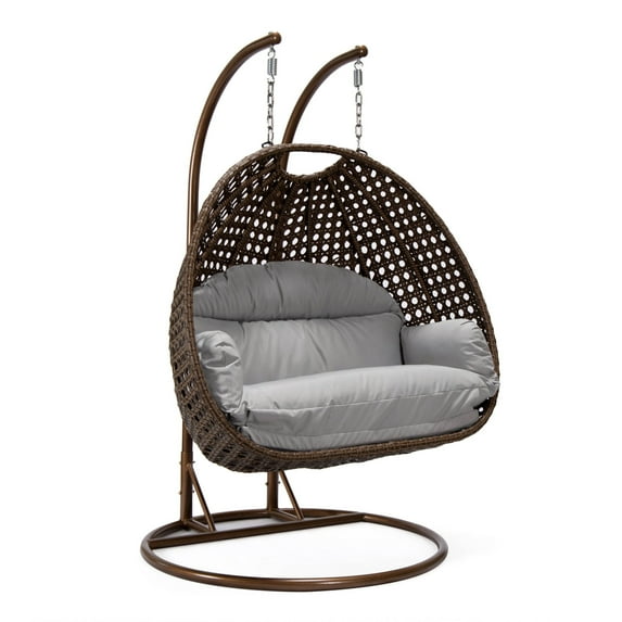 LeisureMod Mendoza Dark Brown Wicker Hanging 2 Person Egg Swing Chair with Stand & Light Grey Cushions