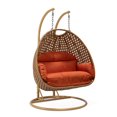 thumbnail image 1 of LeisureMod Mendoza Light Brown Wicker Hanging 2 Person Egg Swing Chair with Stand & Orange Cushions, 1 of 9